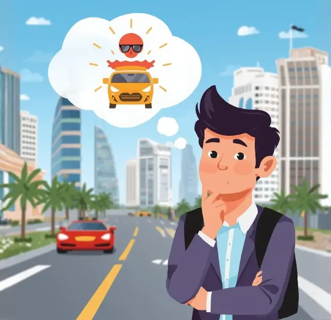 Person thinking about a sunny drive. Should I rent a car in Dubai as a tourist