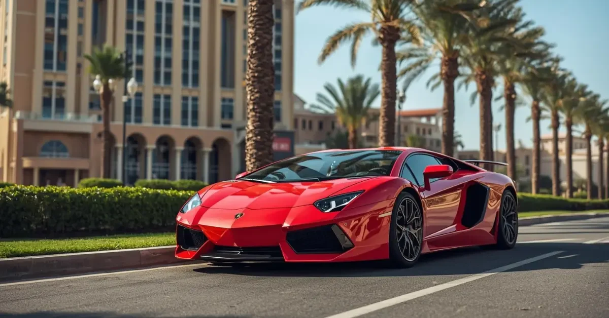 Red sports car on palm-lined street - Cheapest Lamborghini Rental Dubai